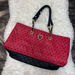 BETSEY JOHNSON POLKA DOT TOTE BAG RED BLACK GOLD HARDWARE QUILTED BOHO CHIC Y2K